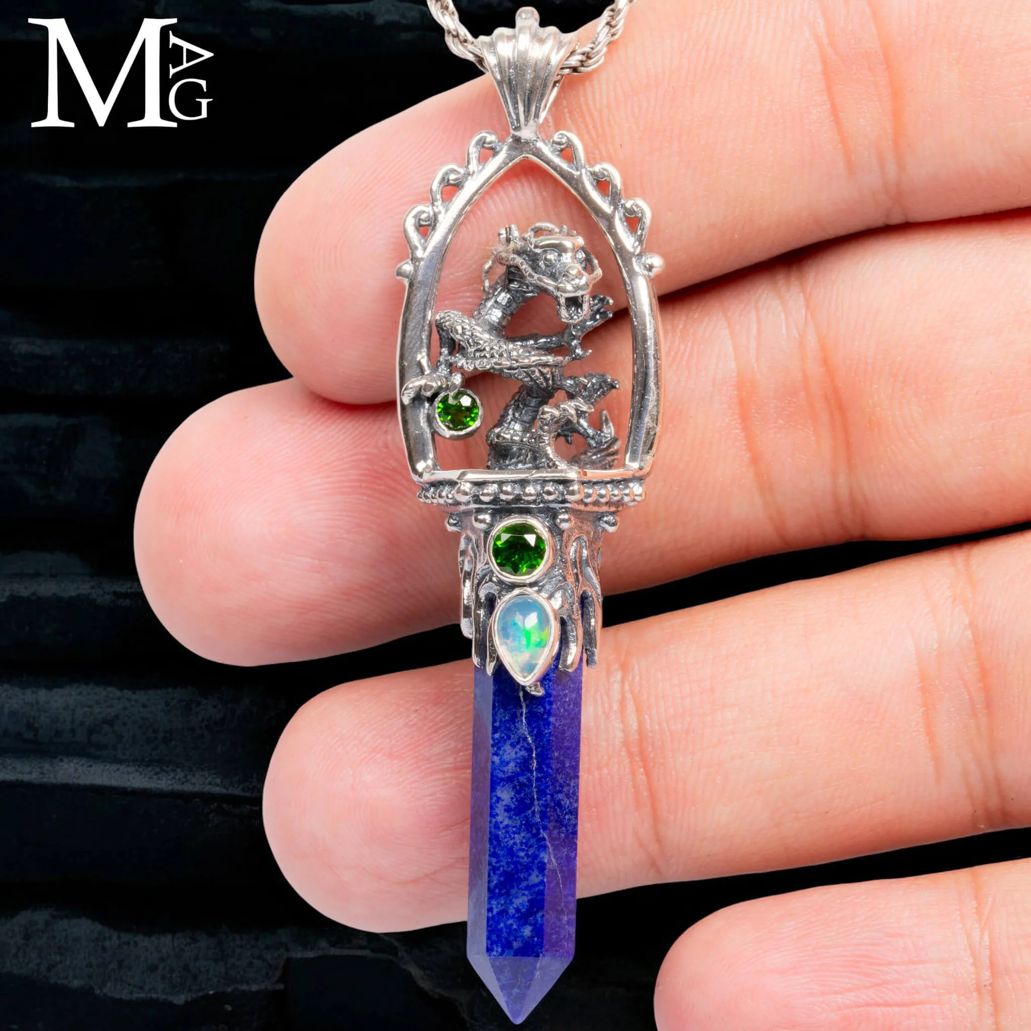 Amuleto Drago in Argento con Lapis, Opale e Peridoto
