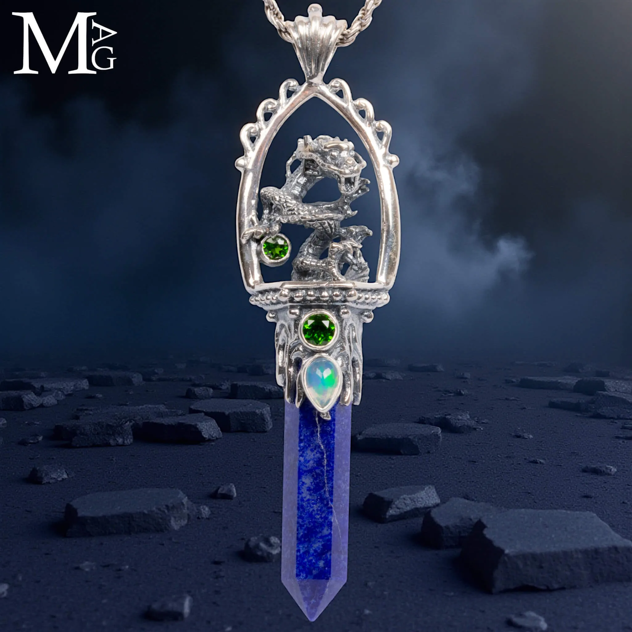 Amuleto Drago in Argento con Lapis, Opale e Peridoto