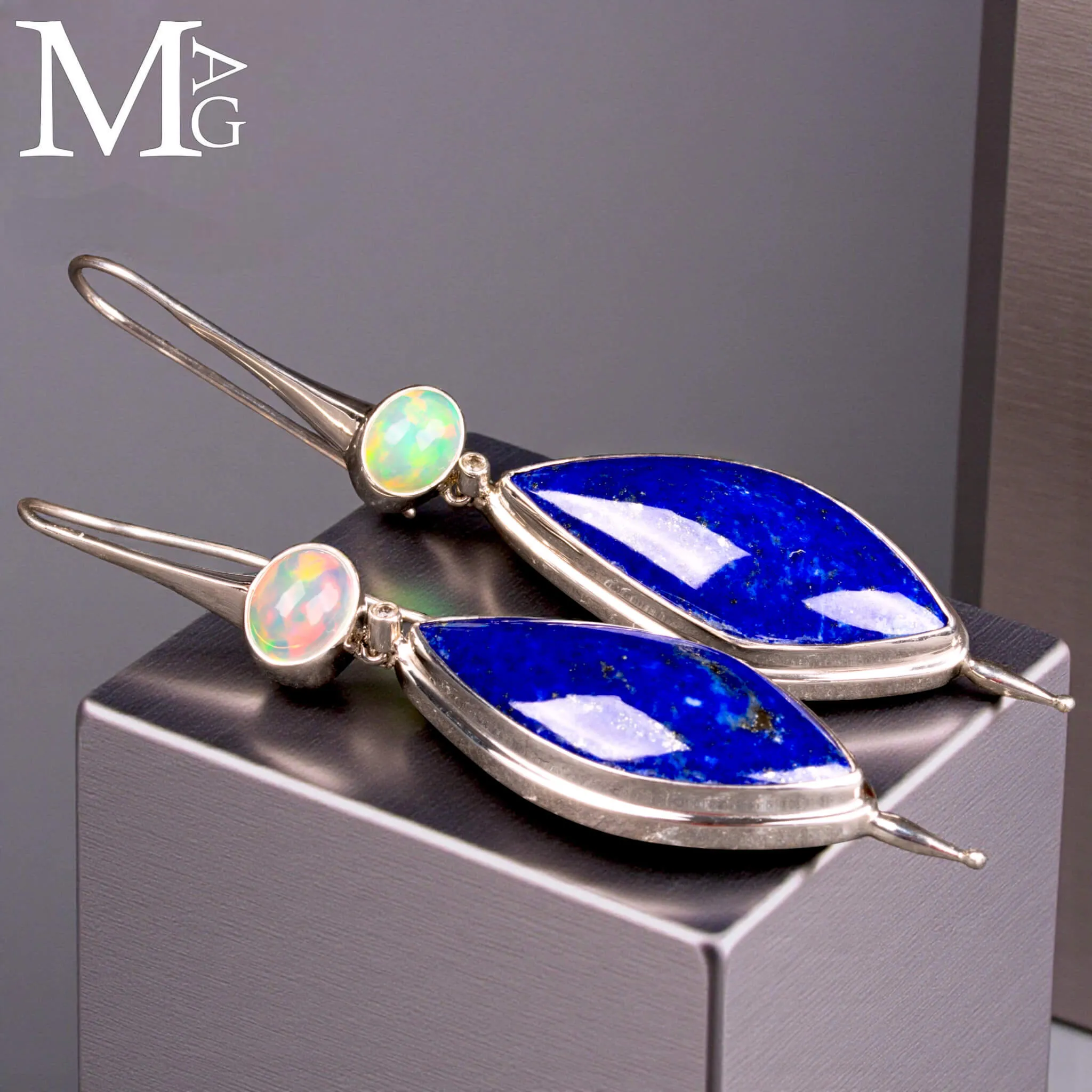 Orecchini in Argento con Lapis Lazuli, Opali Etiopi e Diamantini