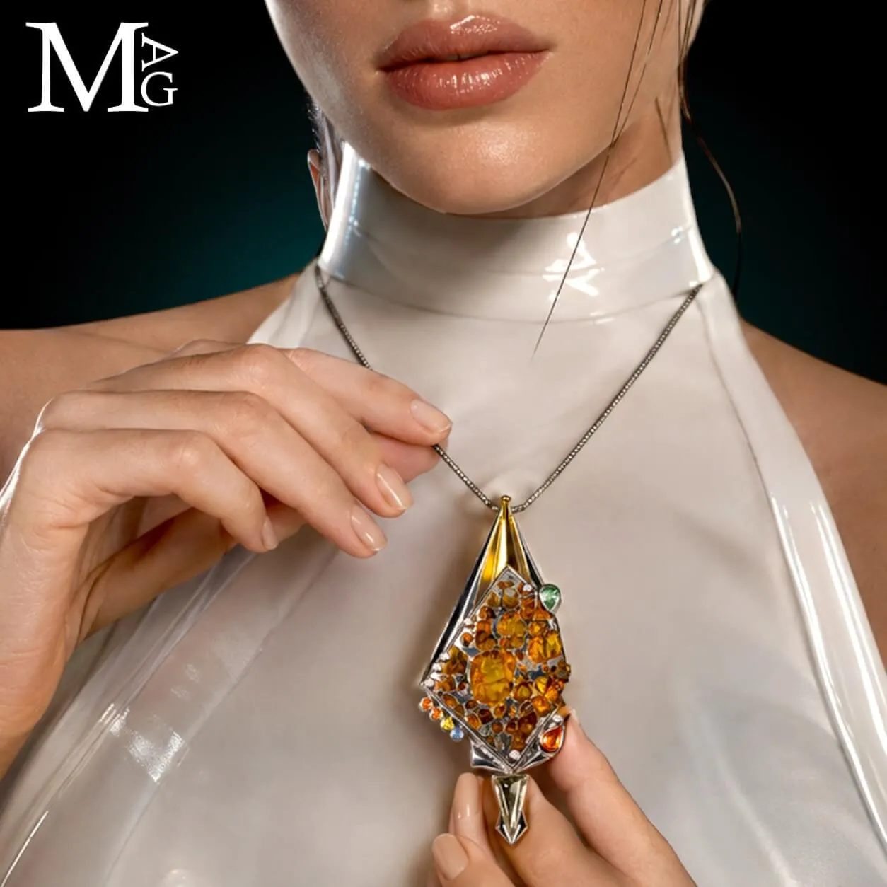 Gioiello Unico - Argento con Meteorite Pallassite Sericho, Diamanti e Zaffiri Multicolore