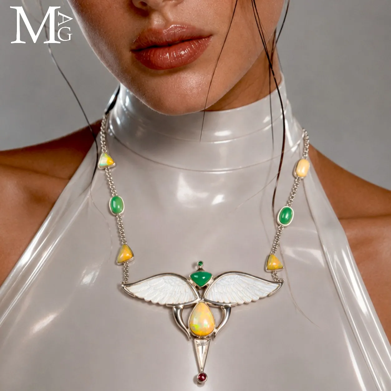 Collier Alato in Argento con Opali Etiopi, Crisoprasio, Smeraldo, Quarzo e Rubino