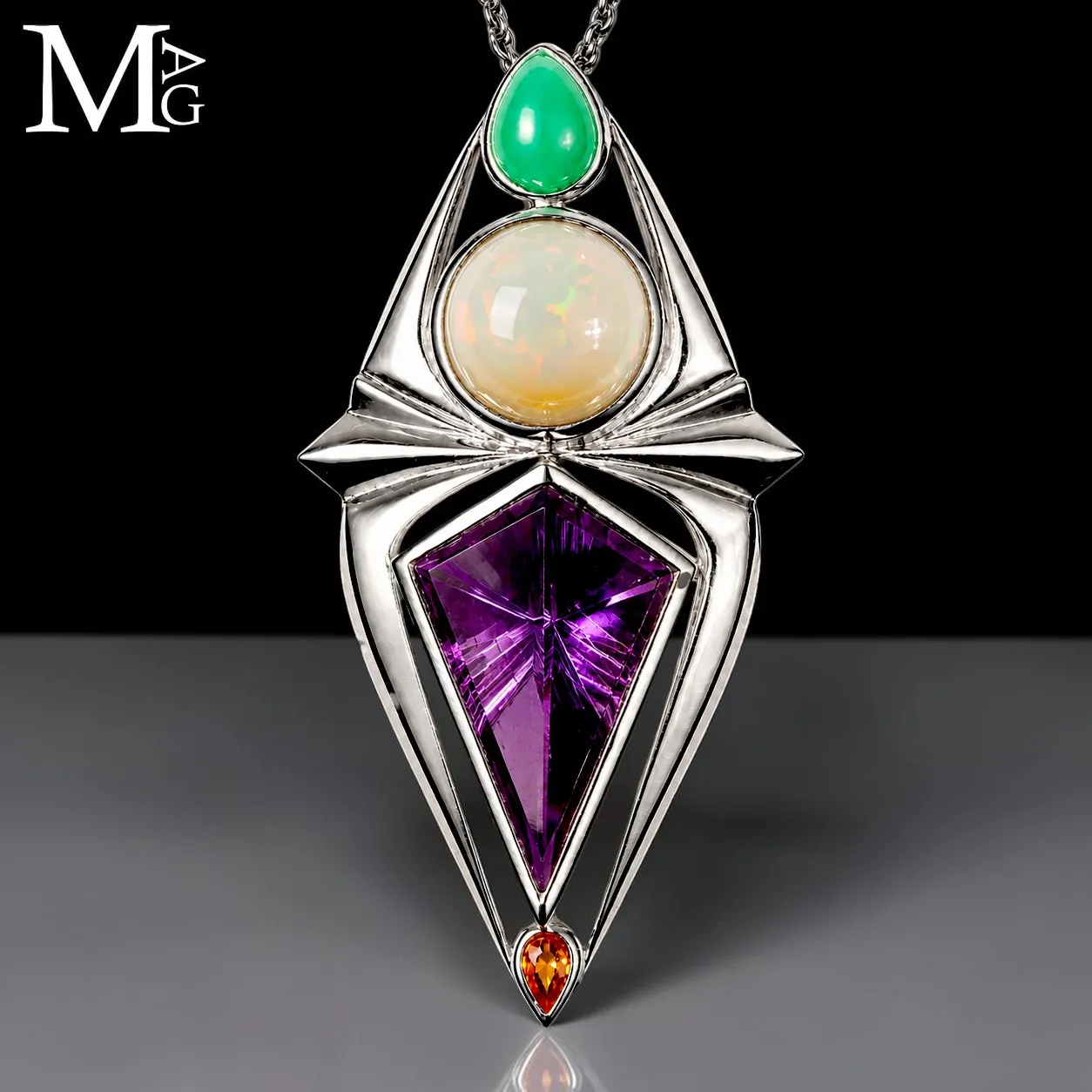 Pendente in Argento con Crisoprasio, Opale Etiope, Ametista e Citrino – suggestione di Scarabeo Sacro