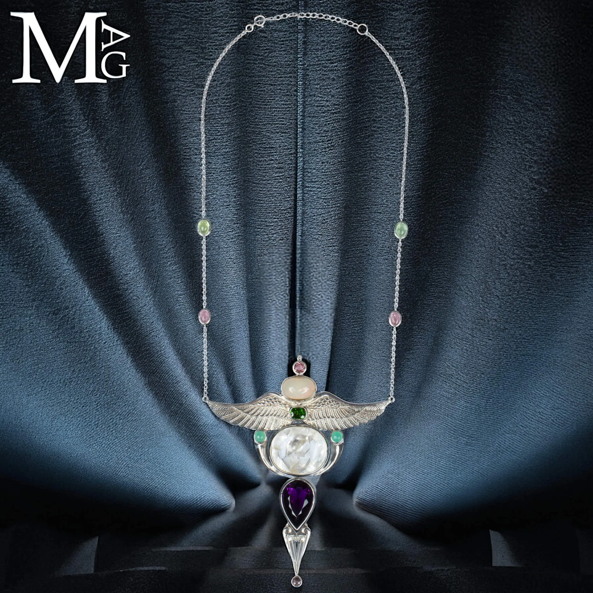Collier Faraonico – Opale Etiope, Ametista Boliviana, Quarzo Lemuriano “Manifestation”, Tormalina e Amazzonite