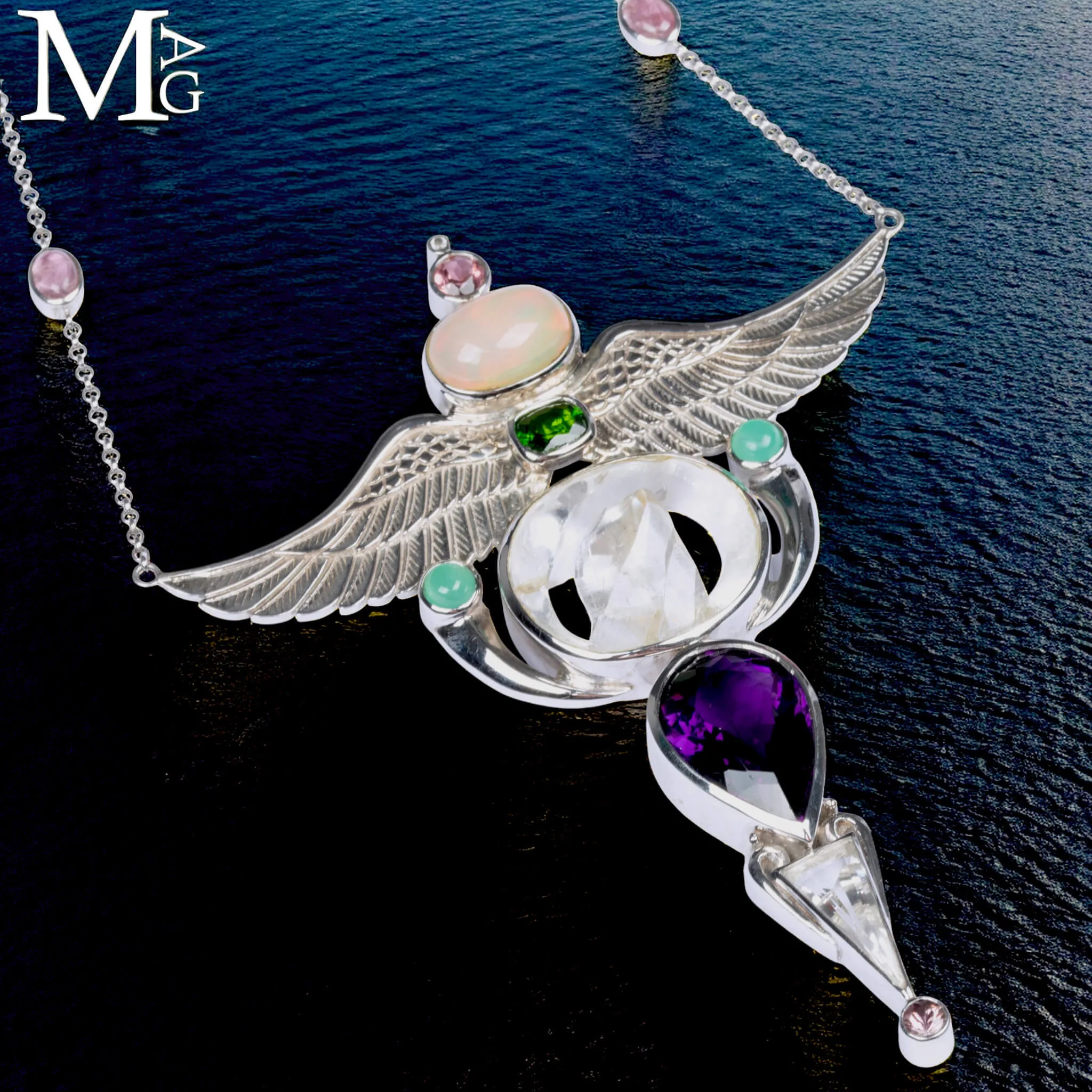 Collier Faraonico – Opale Etiope, Ametista Boliviana, Quarzo Lemuriano “Manifestation”, Tormalina e Amazzonite