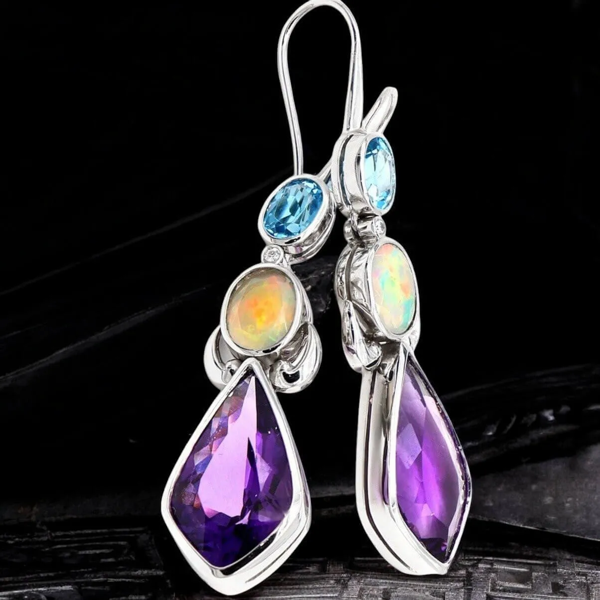 Orecchini in Argento con Opale, Diamante, Ametista e Topazio.