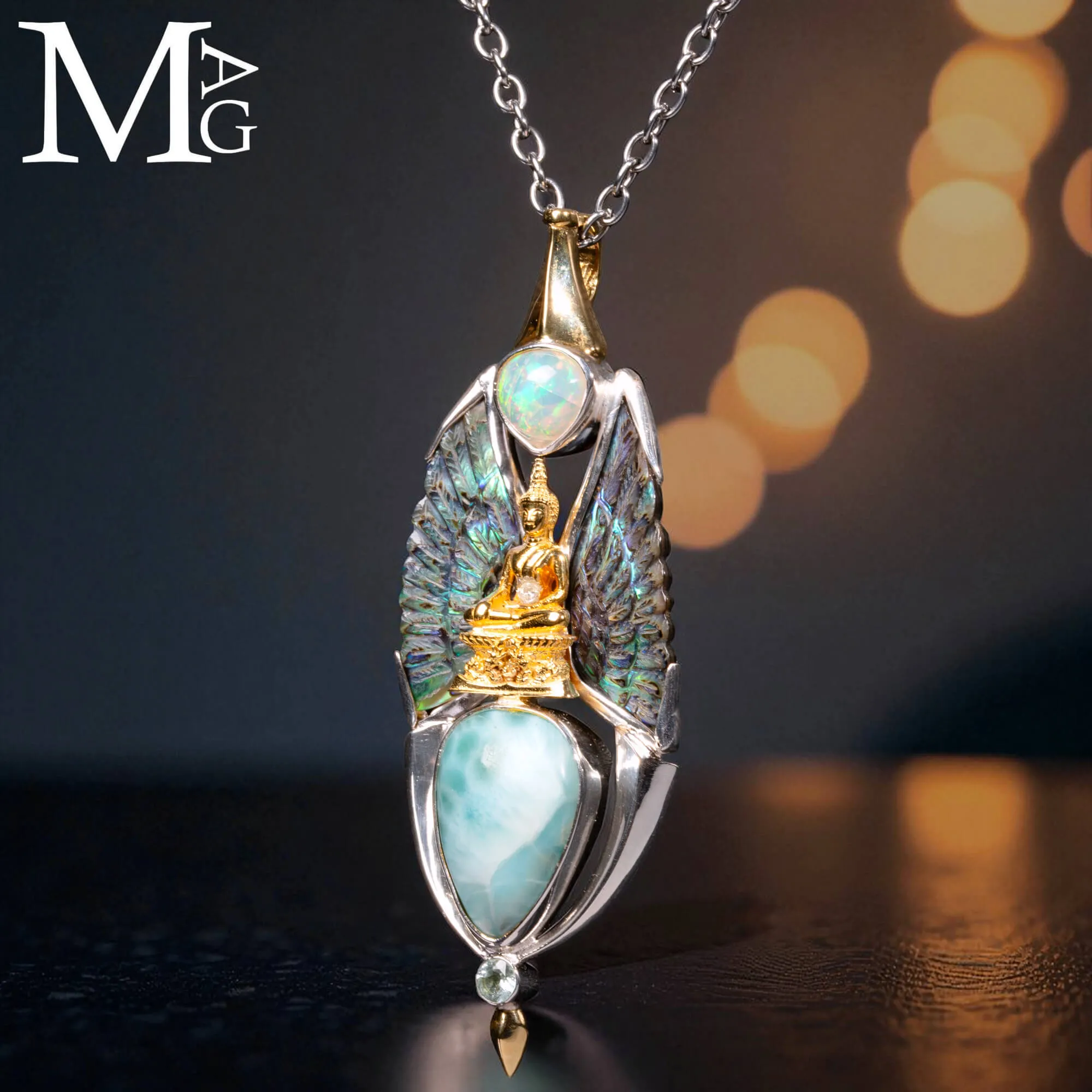 Gioiello in Argento con Buddha, Larimar, Opale, Paua Shell e Diamantino.