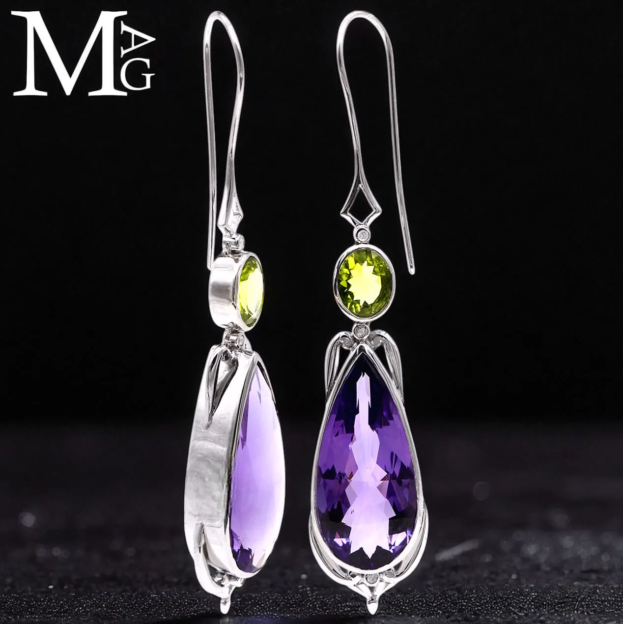 Orecchini in Argento con Ametista Boliviana, Peridoto e Diamanti.