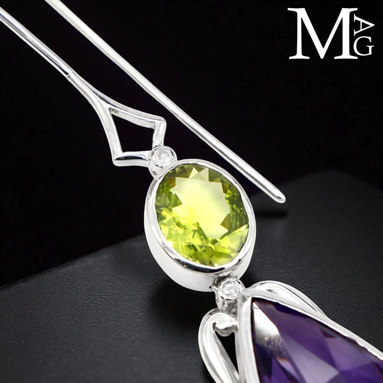 Orecchini in Argento con Ametista Boliviana, Peridoto e Diamanti.