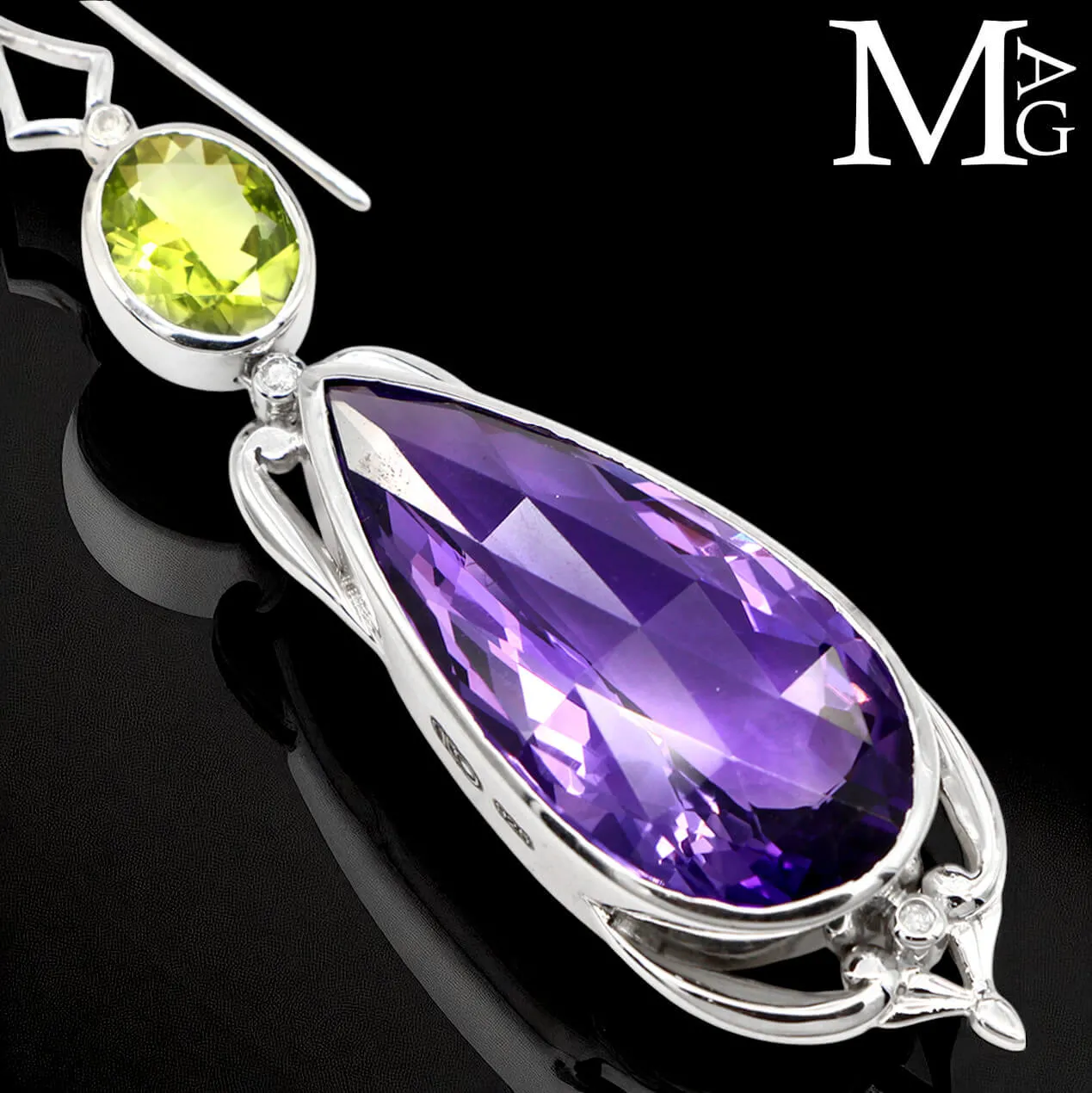 Orecchini in Argento con Ametista Boliviana, Peridoto e Diamanti.