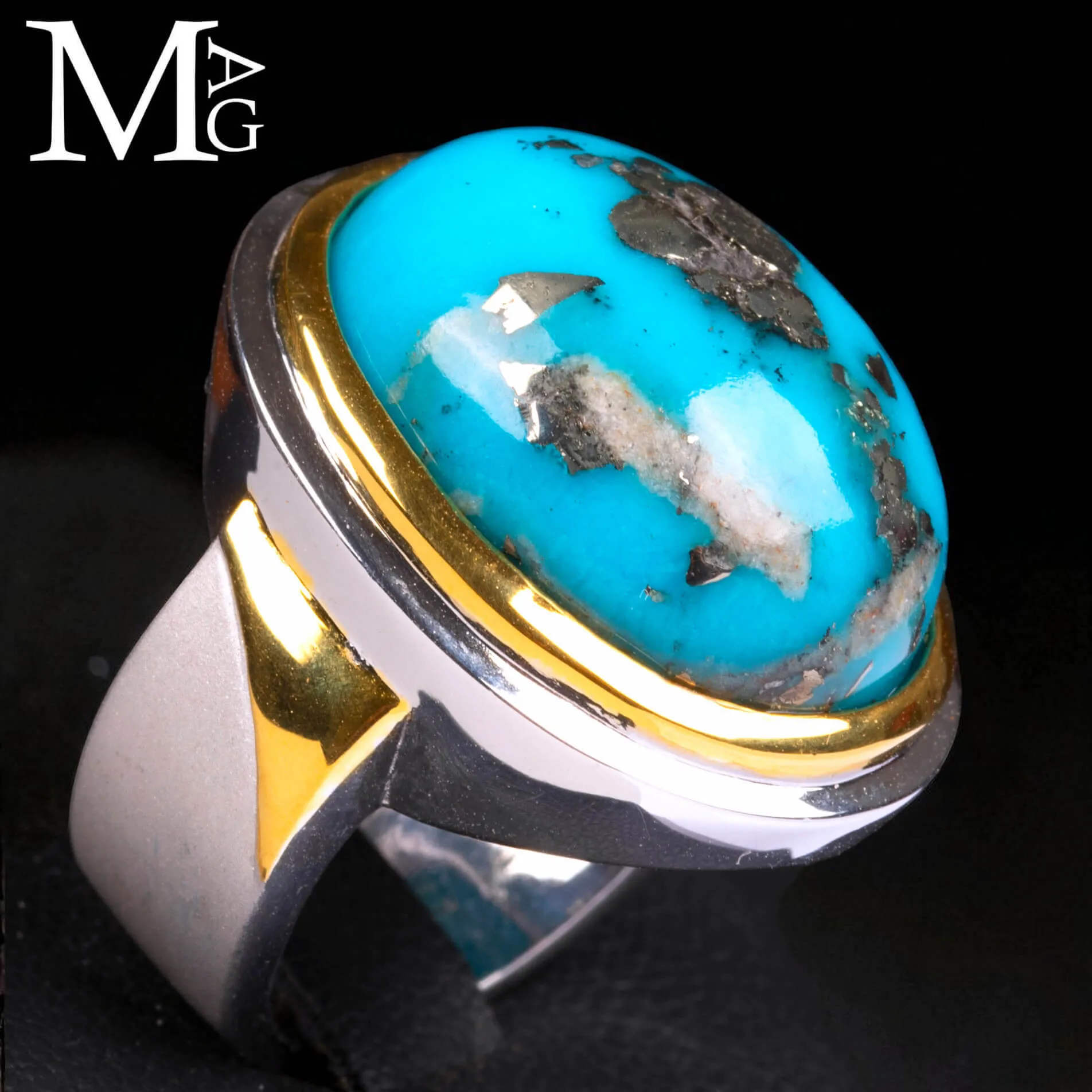 Anello in Argento con finiture in Oro 18K – Turchese Persiano con inclusioni di Pirite e Diamante