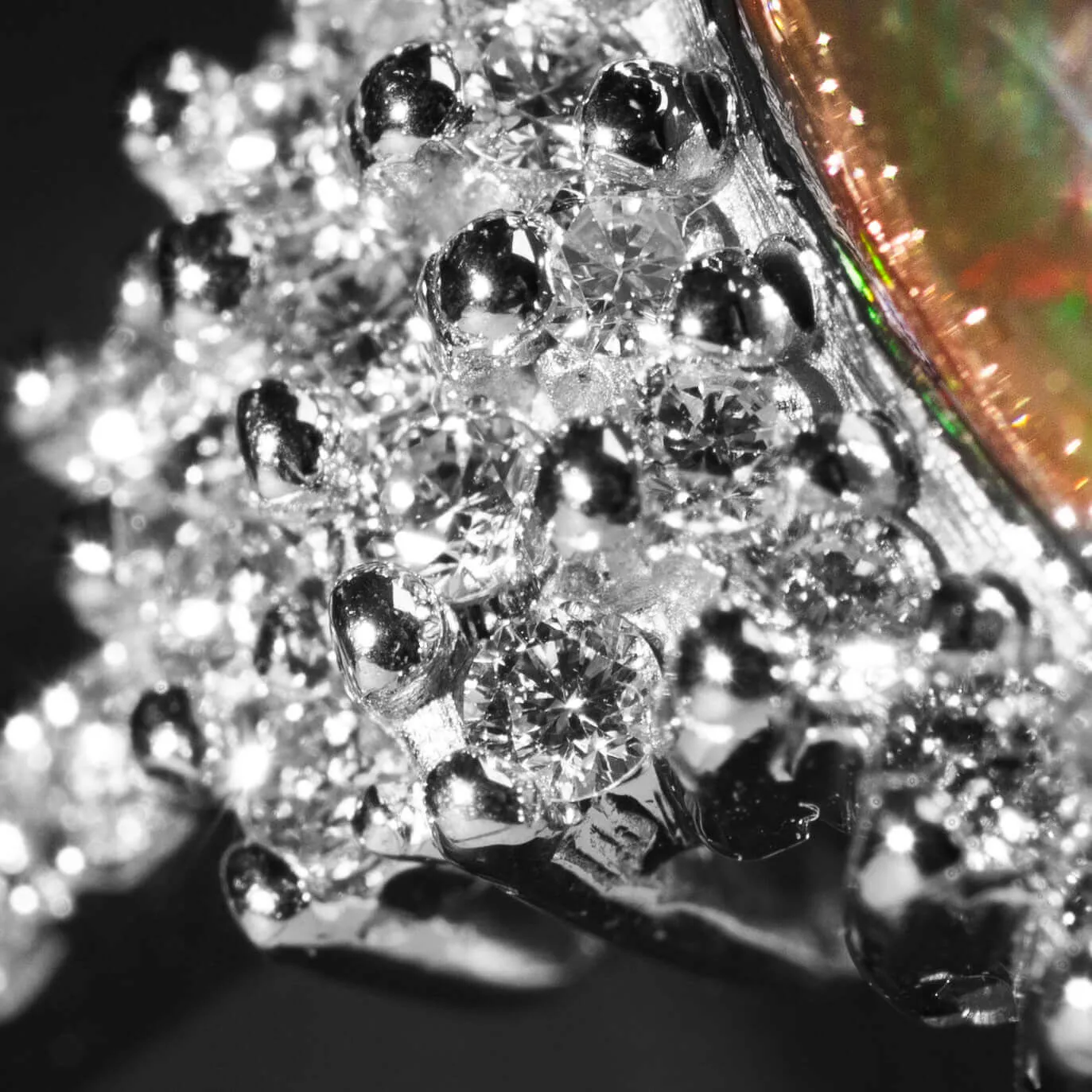 Anello in Oro Bianco con Opale Nero Etiope e 50 Diamanti.