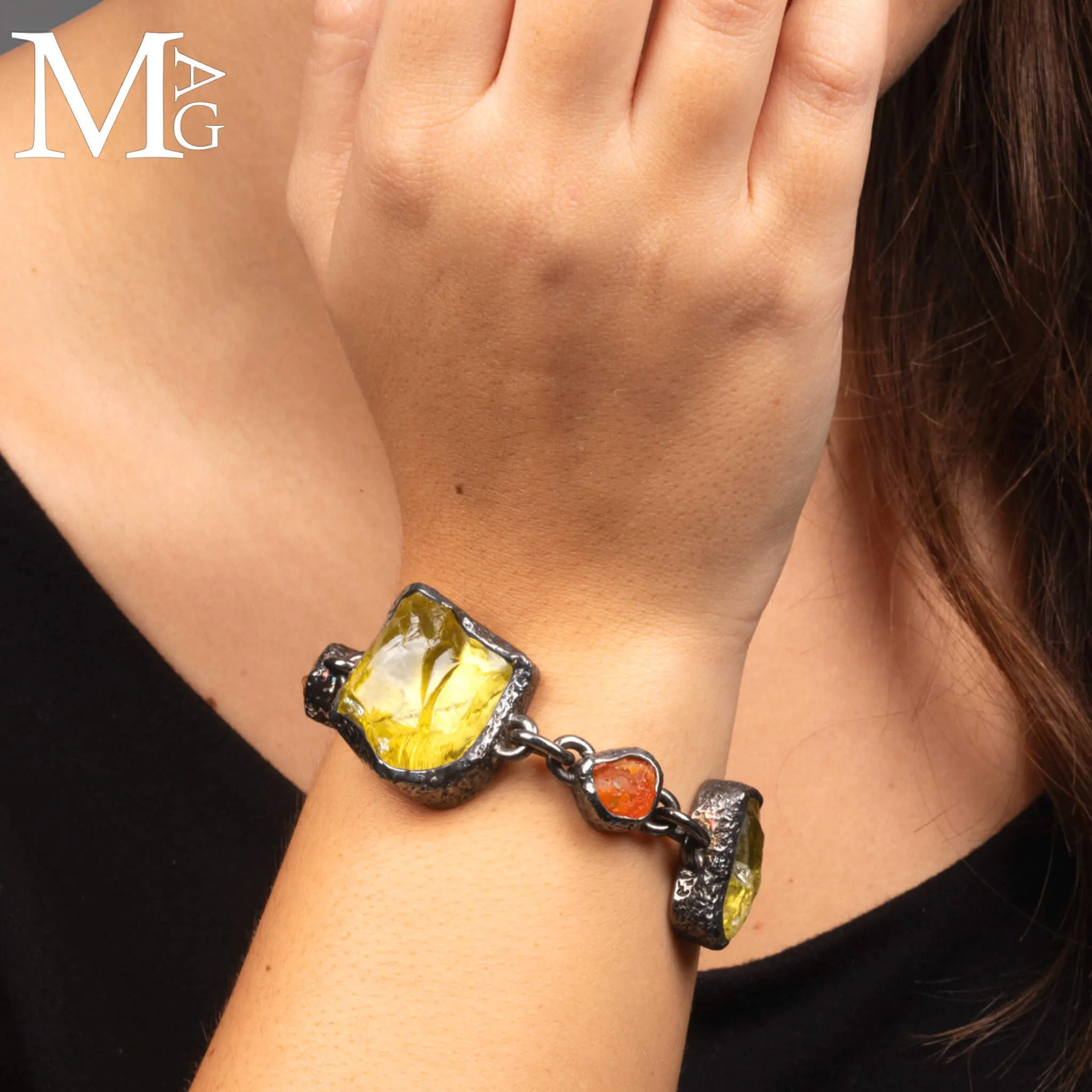 Pezzo Unico - Bracciale in Argento, Quarzo Limone e Opale di Fuoco.
