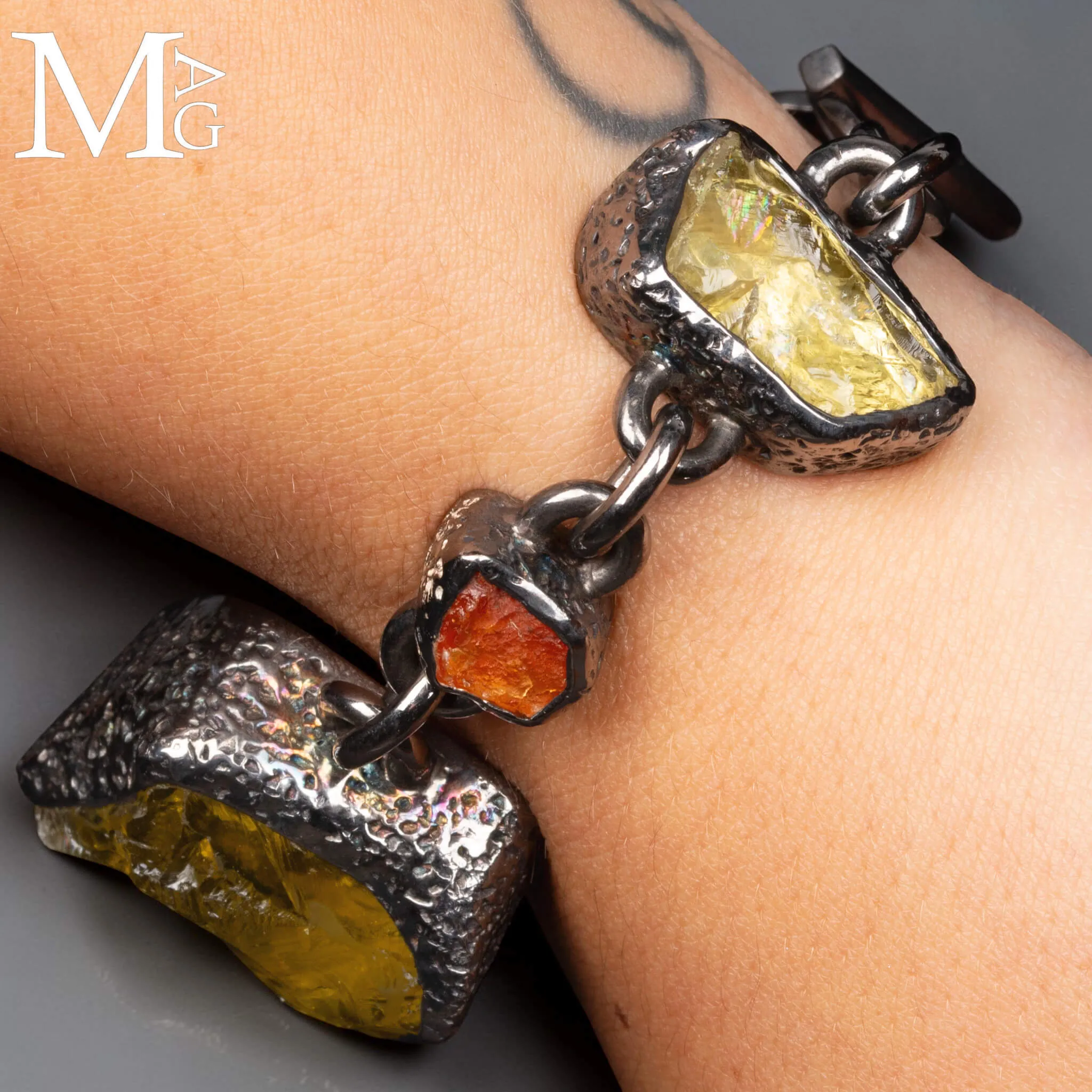 Pezzo Unico - Bracciale in Argento, Quarzo Limone e Opale di Fuoco.