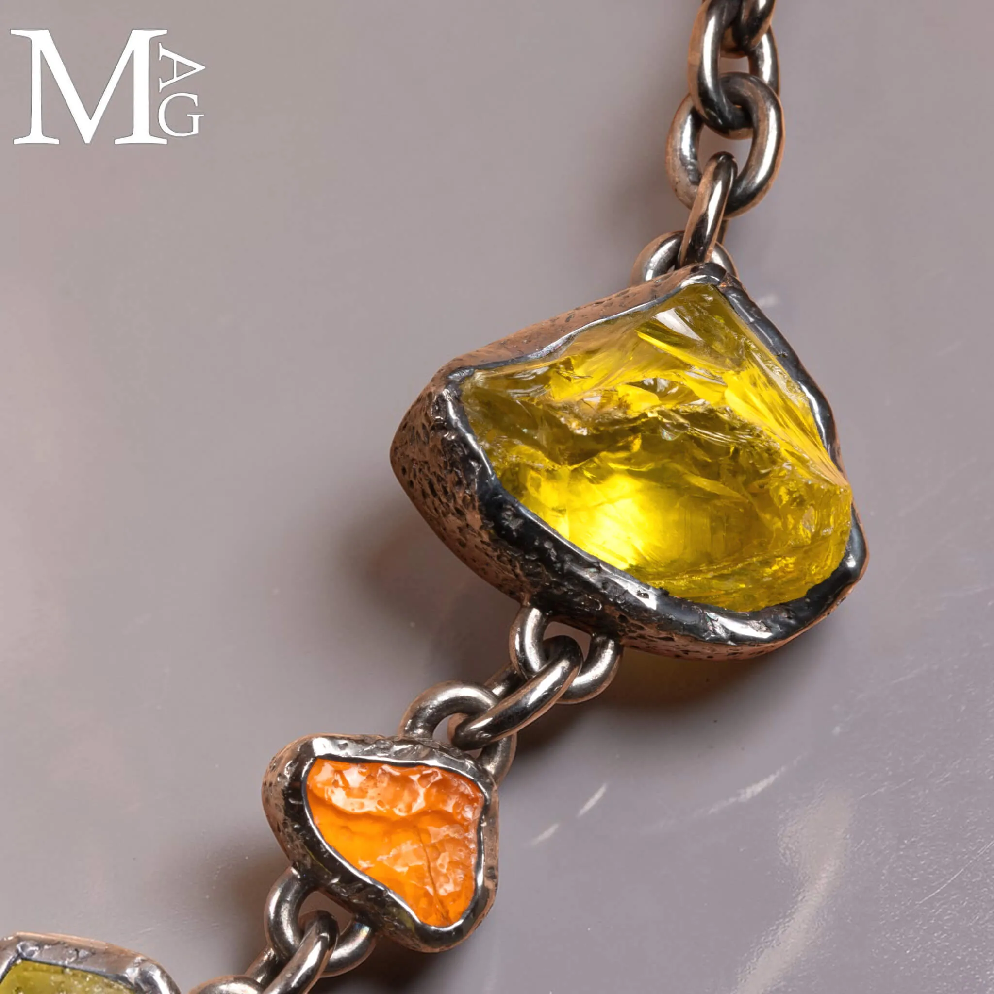 Pezzo Unico - Collana in Argento, Quarzo Limone e Opale di Fuoco.