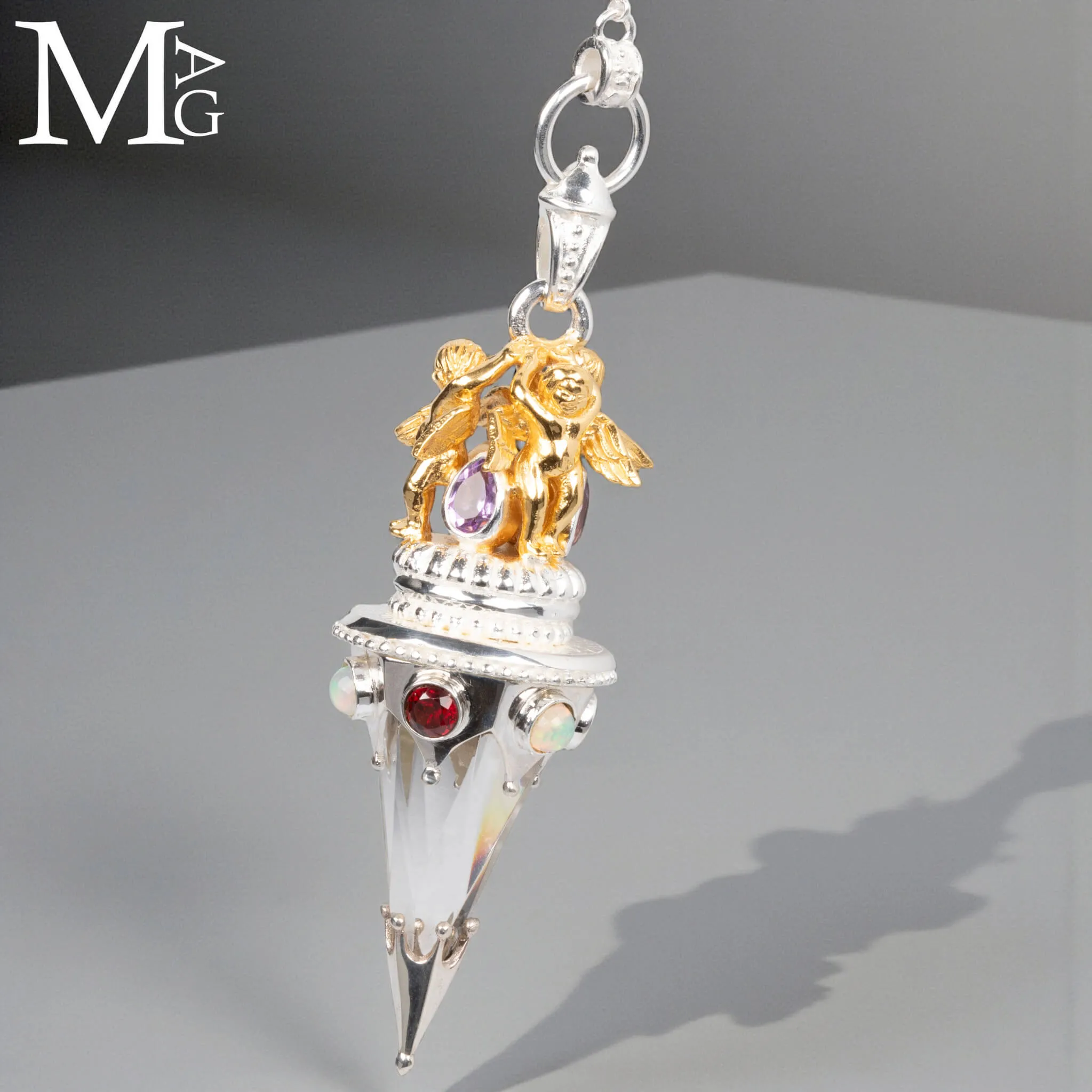 Pendolo Angelico in Argento con Quarzo Ialino, Opali, Granato e Ametista.