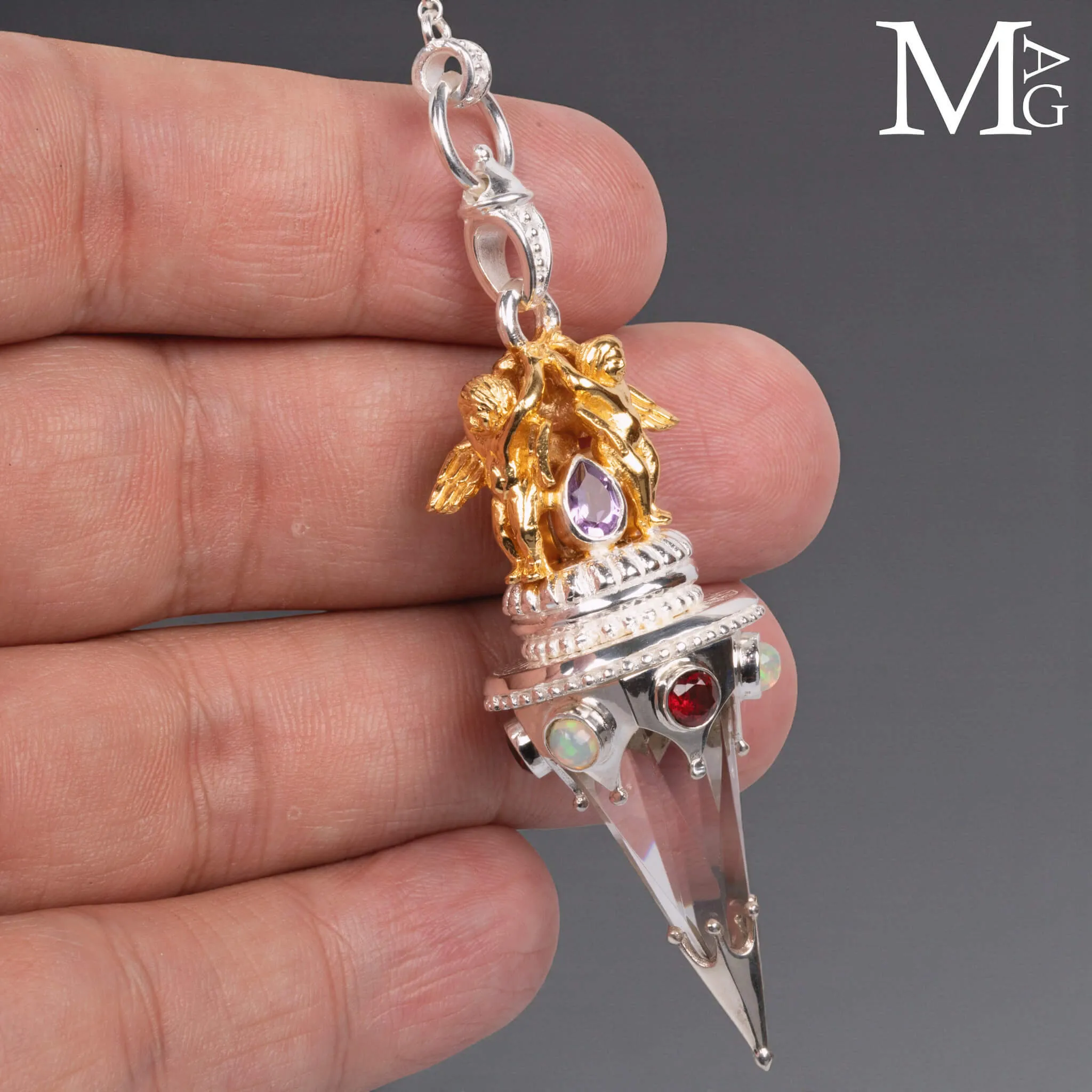 Pendolo Angelico in Argento con Quarzo Ialino, Opali, Granato e Ametista.