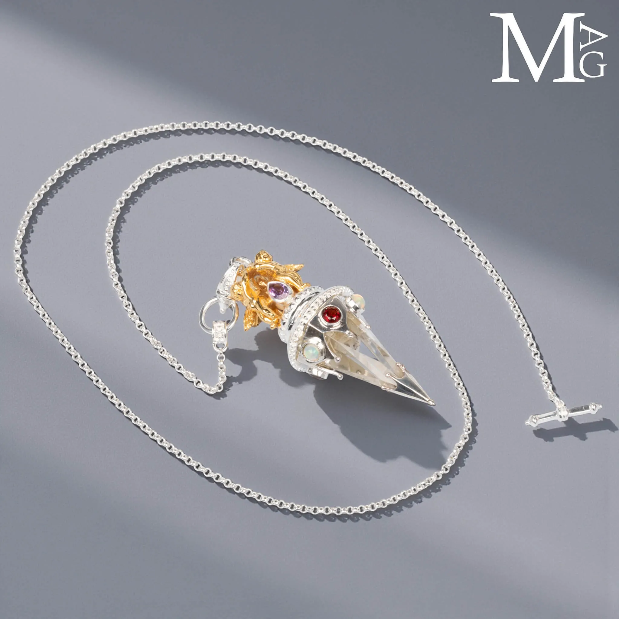 Pendolo Angelico in Argento con Quarzo Ialino, Opali, Granato e Ametista.