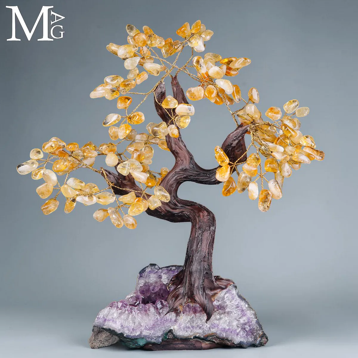 Albero Bonsai in Quarzo Citrino su Drusa di Ametista – Scultura d’Arredo Naturale