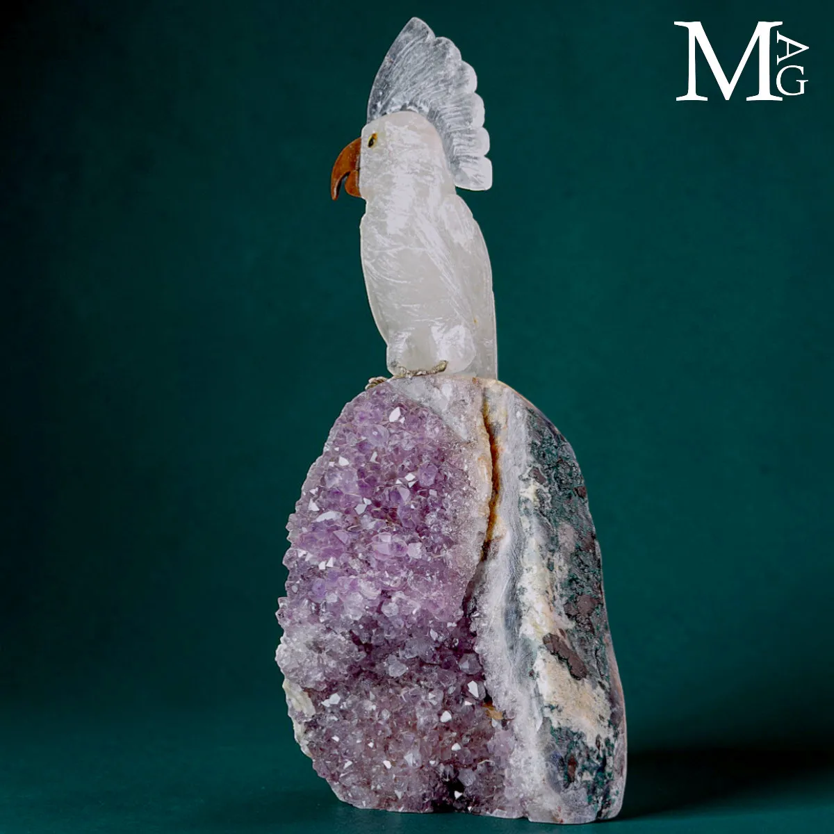 Scultura di Cacatua in Quarzo e Base di Drusa di Ametista.