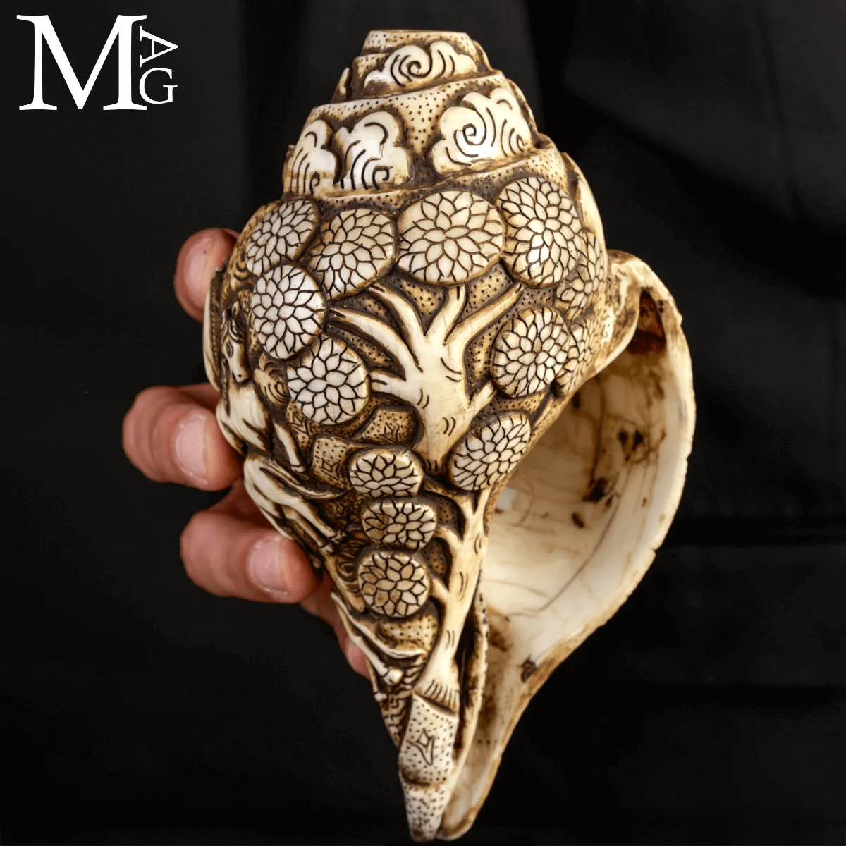 Conchiglia Shankha Tibetana Scolpita – Cavalli nel Giardino del Dharma