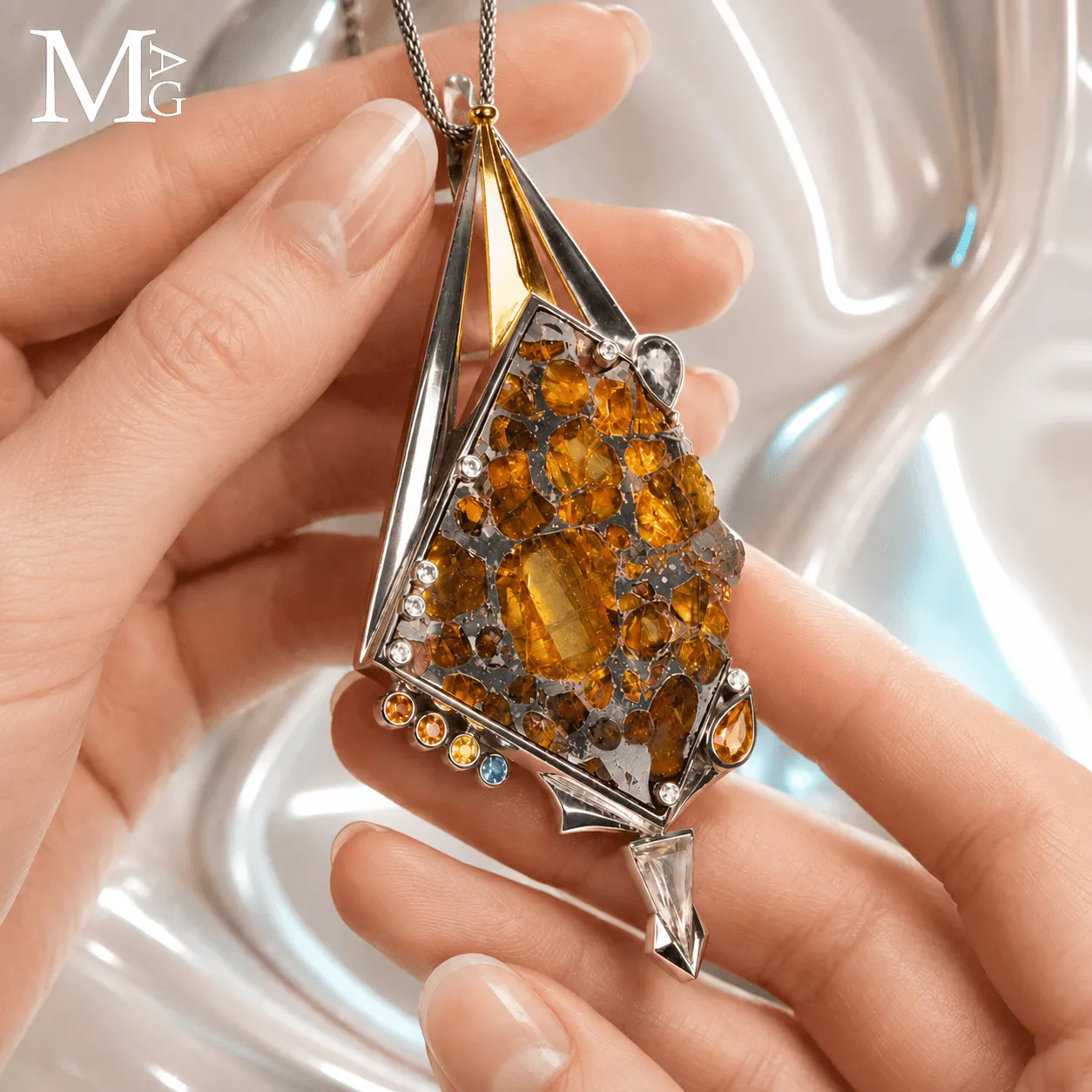 Gioiello Unico - Argento con Meteorite Pallassite Sericho, Diamanti e Zaffiri Multicolore