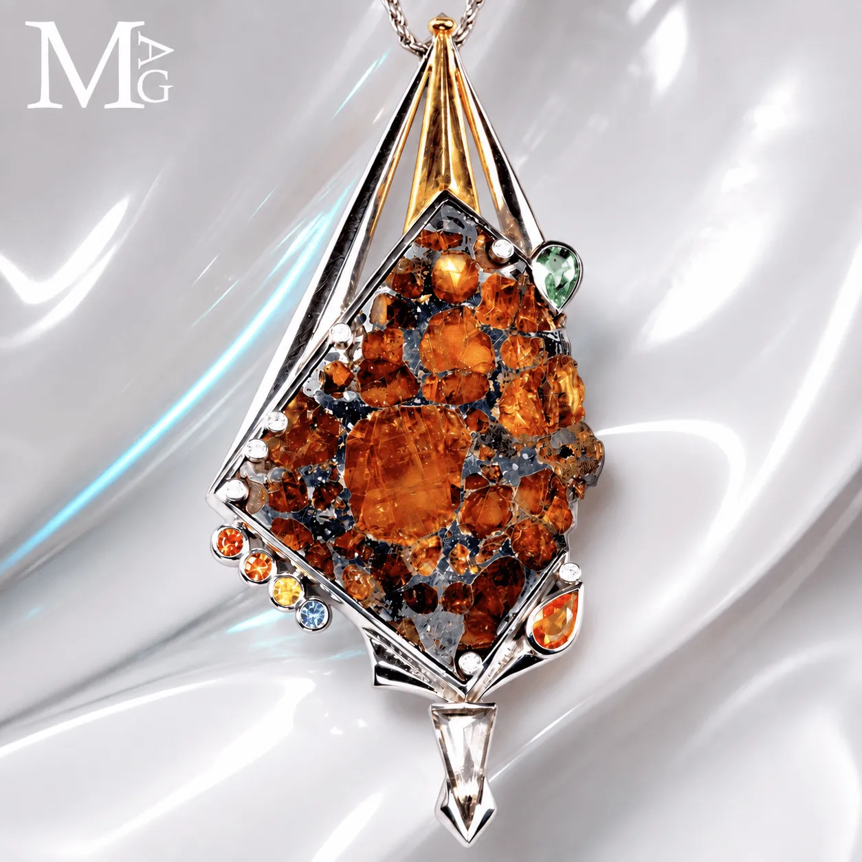 Gioiello Unico - Argento con Meteorite Pallassite Sericho, Diamanti e Zaffiri Multicolore