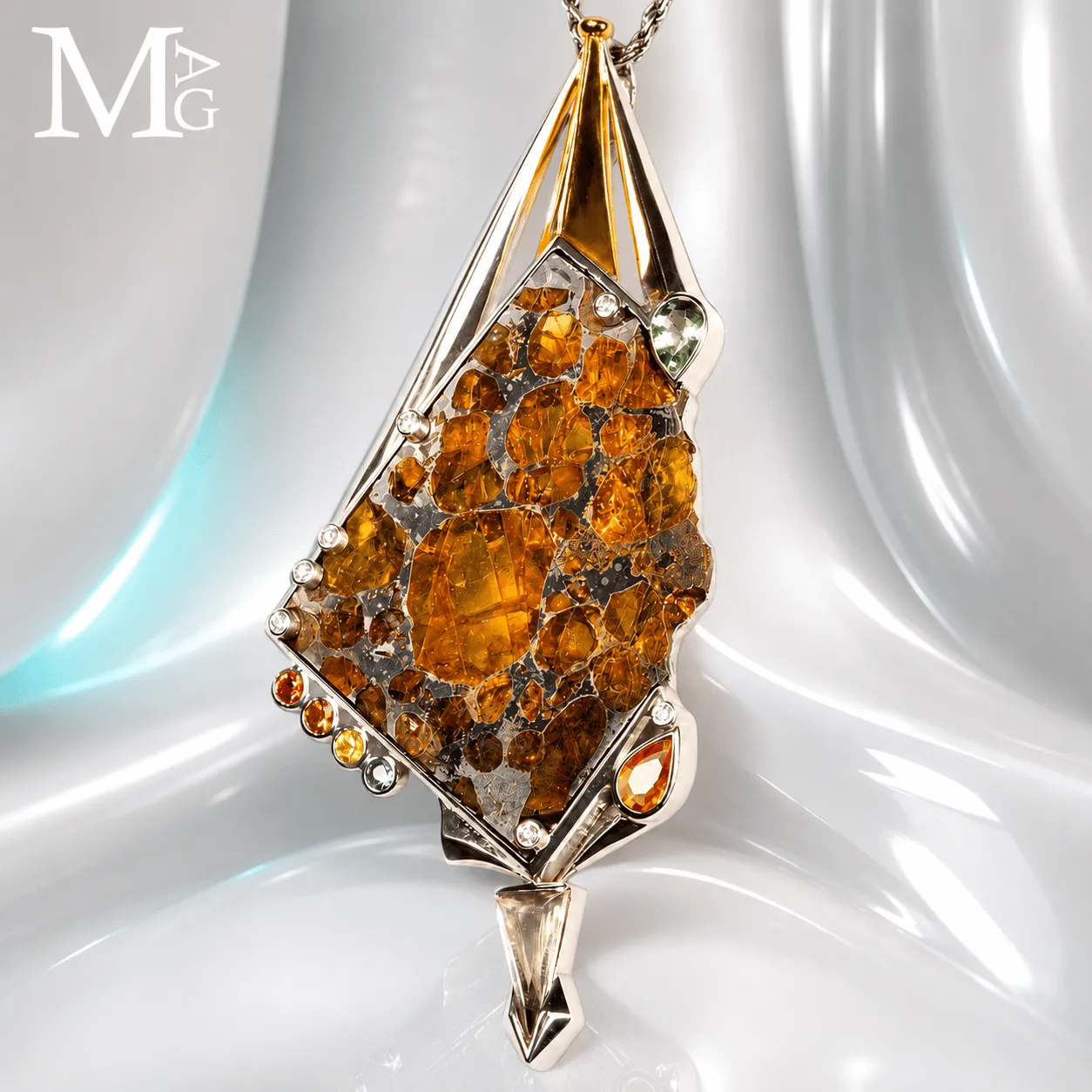 Gioiello Unico - Argento con Meteorite Pallassite Sericho, Diamanti e Zaffiri Multicolore