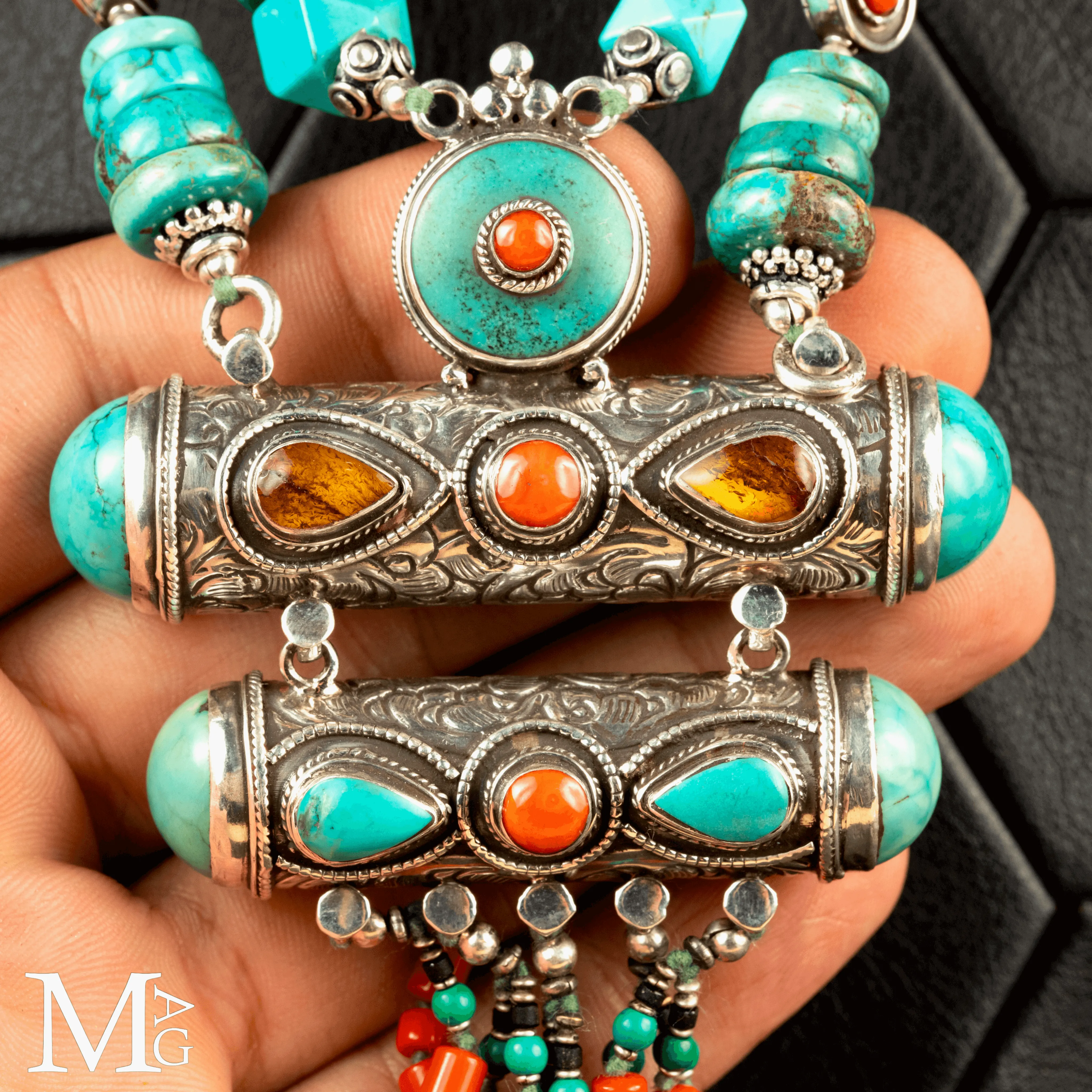 Collana Tibetana Tradizionale - Argento, Turchese, Corallo e Ambra.