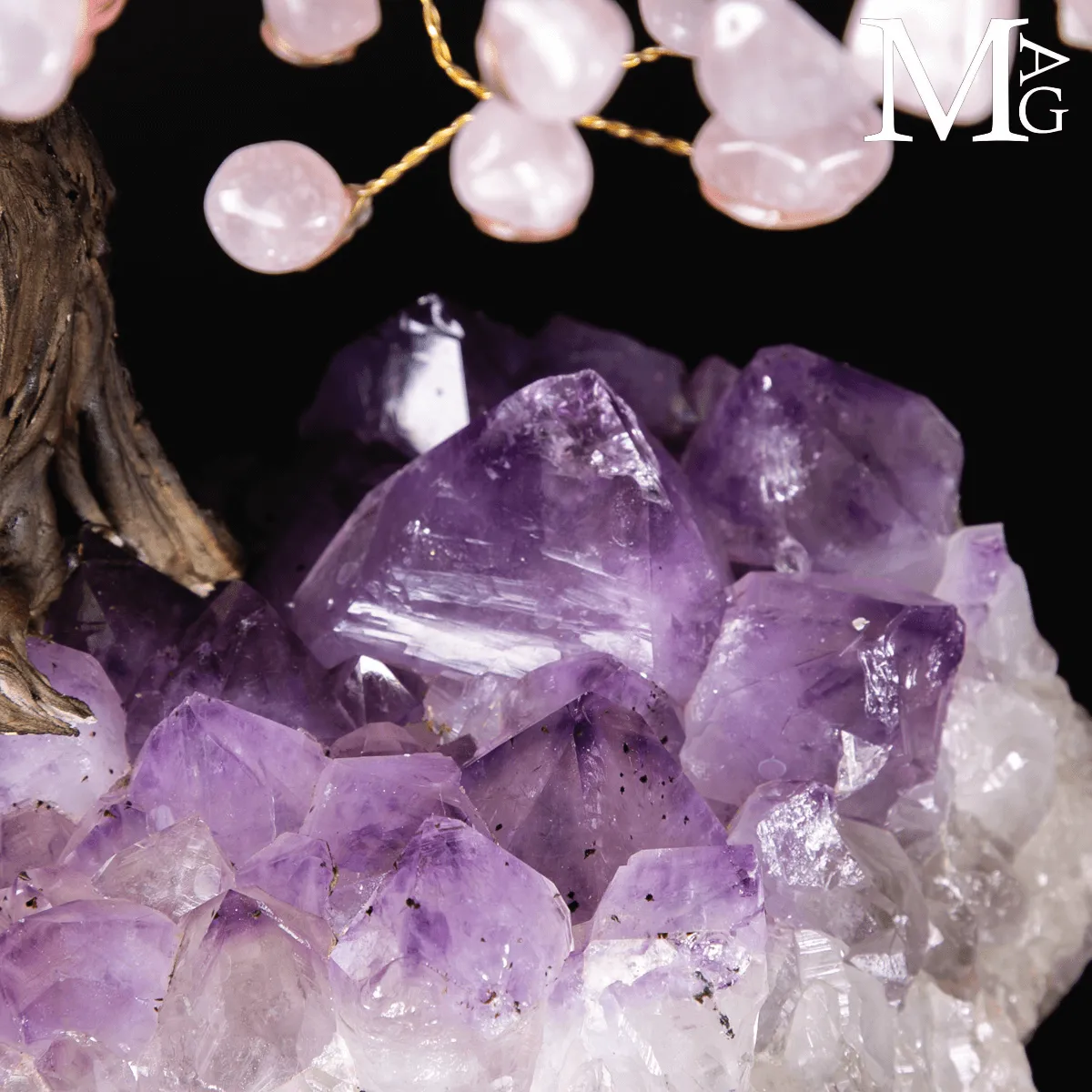 Albero Decorativo su drusa di Ametista e Quarzo Rosa.