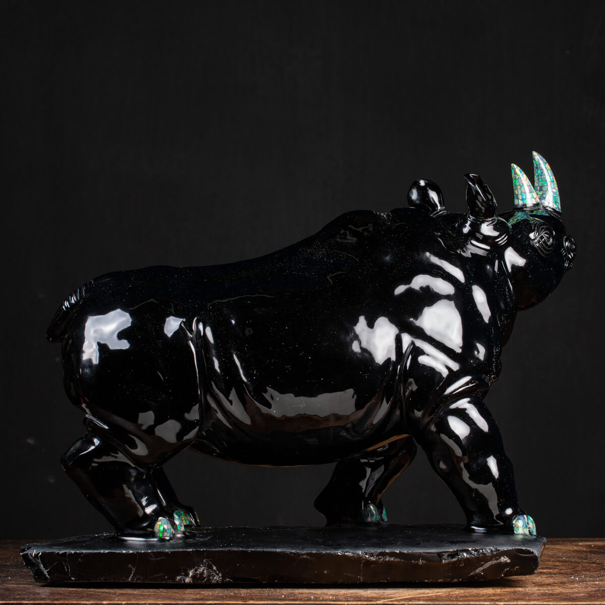 Rhino statue in Obsidian and Opal